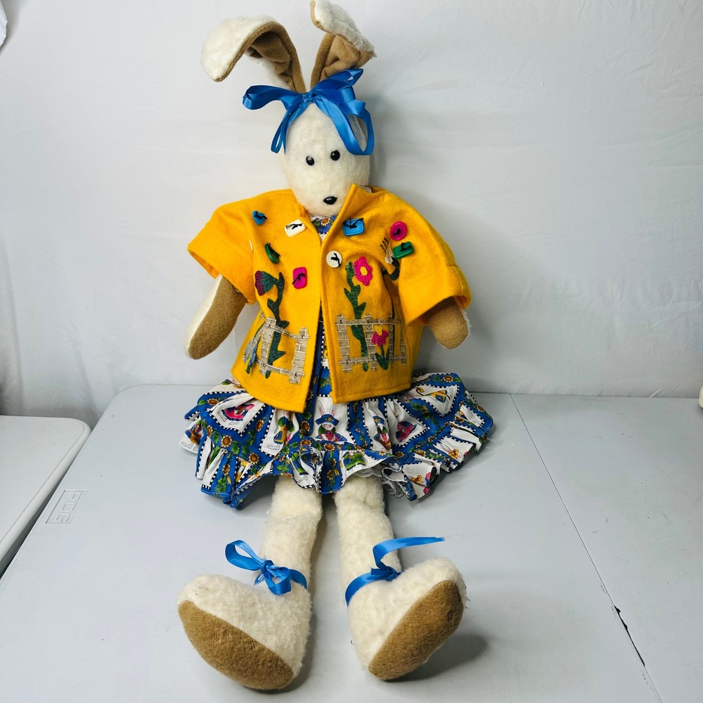Vintage Large Handmade Plush Bunny Rabbit Doll Yellow Jacket Sunflower Dress